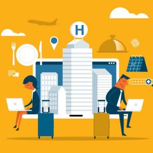 SEO for Hotel Happy tourists choosing hotel and booking room online flat vector illustration.