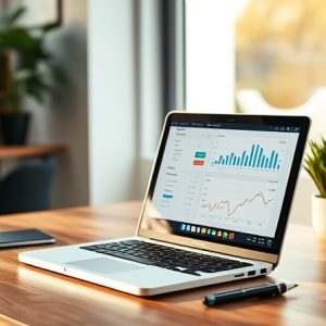 Professional workspace showing a laptop displaying digital marketing analytics on a wooden desk.