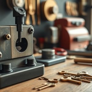 Professional locksmith workspace with specialized key cutting equipment and brass blanks